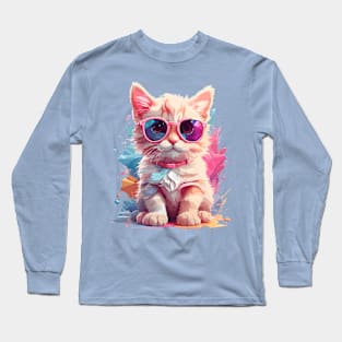 Cute Kitten Chibi Style Color Splash Design Long Sleeve T-Shirt